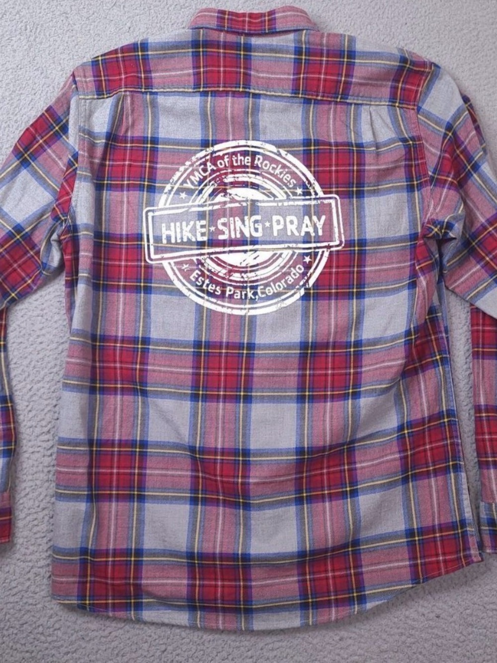 YMCA of the Rockies Estes Park Plaid Button Up Shirt Medium Hike Sing Pray
